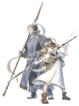 1boy 1girl ascot backpack bag black_boots black_hair boots brown_boots brown_hair brown_hat brown_vest commentary_request crosshatching dress floating_clothes floating_hair full_body gloves green_eyes grey_gloves grey_streaks hair_slicked_back hand_on_own_hip hat hat_feather hatching_(texture) height_difference highres holding holding_polearm holding_weapon looking_to_the_side mature_male octopath_traveler octopath_traveler_i olberic_eisenberg polearm profile puffy_short_sleeves puffy_sleeves qqqqqli short_hair short_sleeves spear steel-toe_boots trait_connection tressa_(octopath_traveler) tressa_colzione vest weapon white_ascot white_background white_dress