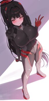 Rule 34 | 1girl, absurdres, bakoko, black bodysuit, black hair, black halo, blue archive, blush, bodysuit, breasts, bright pupils, from above, full body, halo, highres, impossible bodysuit, impossible clothes, large breasts, latex, latex bodysuit, looking at viewer, multicolored halo, official alternate hairstyle, ponytail, red eyes, ringed eyes, rio (armed) (blue archive), rio (blue archive), skin tight, solo, two-tone halo, v, white pupils