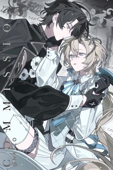 2boys ascot bishounen black_gloves black_hair blonde_hair blue_eyes bow coat collared_shirt evodtonaeco flower frills gloves hair_between_eyes hair_flower hair_ornament highres jewelry long_hair long_sleeves looking_at_another low_ponytail male_focus multiple_boys original parted_bangs parted_lips ponytail puffy_long_sleeves puffy_sleeves ribbon shirt short_hair skirt tassel thigh_strap thighhighs very_long_hair yaoi yellow_eyes