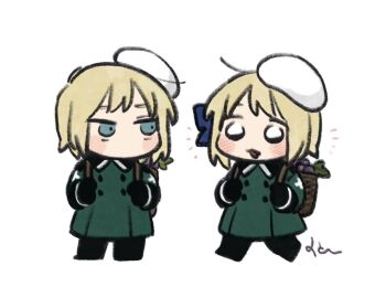 1boy 1girl axis_powers_hetalia backpack_basket basket beret black_boots black_eyes black_gloves black_pants blonde_hair blue_bow blue_eyes blush blush_stickers boots bow brother_and_sister buttons chibi chibi_only collared_jacket commentary_request cross cross_print empty_eyes food fruit full_body gloves grapes green_jacket hair_bow half-closed_eyes hat holding holding_basket jacket leaf liechtenstein_(hetalia) long_sleeves looking_at_another mi_aph_to military military_hat military_jacket military_uniform no_mouth notice_lines open_mouth pants short_hair siblings smile standing switzerland_(hetalia) white_hat