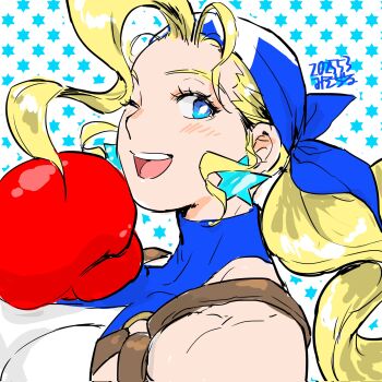 Rule 34 | 1girl, artist name, blonde hair, blue eyes, boxing gloves, breasts, capcom, dated, drill hair, highres, justice gakuen, large breasts, long hair, looking at viewer, one eye closed, open mouth, sideboob, smile, solo, teeth, tiffany lords, tongue, wink
