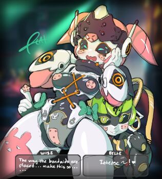 Rule 34 | 2girls, aqua eyes, aria (zenless zone zero), bandaid, bandaid on cheek, bandaid on face, bandaid on pussy, bandaids on nipples, black sclera, bow, breasts, colored sclera, commentary, covered erect nipples, cowboy shot, dialogue box, earrings, embarrassed, english commentary, english text, gold earrings, green bow, green hair, highres, humanoid robot, jewelry, joints, mechanical ears, medium breasts, metal hair, metal skin, multiple girls, open mouth, pasties, pink hair, pink thighhighs, pizzacat (tropios), robot, robot ears, robot girl, robot joints, short hair, short twintails, single thighhigh, smile, standing, thighhighs, twintails, vesper (zenless zone zero), wide hips, zenless zone zero