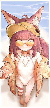 1girl ahoge animal_ear_fluff animal_ears beach blunt_bangs blurry_edges border closed_mouth collar collarbone commentary cosplay fallenshadow flat_chest foreshortening from_above hat_pin highres indie_virtual_youtuber jacket long_sleeves looking_at_viewer looking_over_eyewear looking_up one-piece_swimsuit open_clothes open_jacket orange_collar orange_jacket outdoors outside_border petite pettan_(zeez4743) seia_(blue_archive) seia_(blue_archive)_(cosplay) seia_(swimsuit)_(blue_archive) smile smiley_face solo split_mouth standing swimsuit tinted_eyewear virtual_youtuber visor_cap white_border white_one-piece_swimsuit yellow-tinted_eyewear