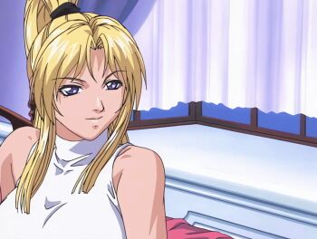 00s 1girl 2001 animated animated_gif bed bedroom bible_black bible_black_night_of_the_walpulgiss blonde_hair breasts curtains curvy large_breasts long_hair panties purple_eyes saeki_kaori sitting skirt smile socks spread_legs tagme underwear