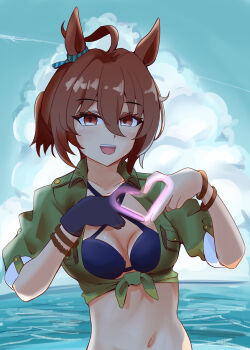 1girl agnes_tachyon_(lunatic_lab)_(umamusume) agnes_tachyon_(umamusume) ahoge animal_ears bikini black_bikini blue_gloves blush bracelet breasts brown_hair cleavage commentary_request criss-cross_halter four-finger_heart_hands gloves green_jacket hair_between_eyes halterneck heart heart_hands highres horse_ears horse_girl jacket jewelry ko_haha88 medium_breasts navel ocean official_alternate_costume open_clothes open_mouth outdoors red_eyes short_hair single_glove smile solo stomach swimsuit tied_jacket umamusume upper_body water