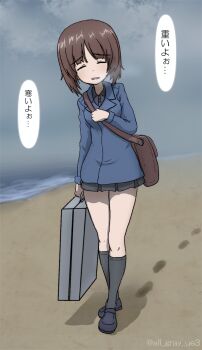Rule 34 | 1girl, bag, beach, black shoes, black skirt, black socks, blue coat, breath, briefcase, carrying, closed eyes, coat, commentary, dress shirt, facing viewer, fog, footprints, frown, girls und panzer, grey shirt, haiiro purin, highres, kneehighs, kuromorimine school uniform, loafers, long sleeves, miniskirt, nishizumi miho, open mouth, pleated skirt, satchel, school uniform, shirt, shoes, short hair, skirt, socks, solo, standing, translated, twitter username, wing collar