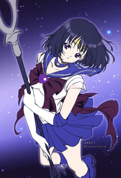 1girl artist_name back_bow bishoujo_senshi_sailor_moon black_hair boots bow brooch choker circlet collarbone earrings elbow_gloves gloves heart heart_brooch holding holding_staff jewelry kaze-hime knee_boots looking_at_viewer magical_girl parted_lips purple_boots purple_eyes purple_sailor_collar purple_skirt sailor_collar sailor_saturn short_hair silence_glaive sketch skirt sky solo staff star_(sky) star_(symbol) star_choker starry_sky tomoe_hotaru unfinished white_gloves
