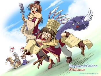 2000s_(style) 2boys 2girls animal animal_around_neck armored_boots blue_sky boots breasts brown_gloves brown_hair character_name commentary_request copyright_name covered_erect_nipples crown day detached_sleeves dress fingerless_gloves fox full_body futatsuki_hisame gameplay_mechanics gloves green_eyes holding holding_staff in_the_face knight_(ragnarok_online) long_hair looking_at_another medium_breasts multiple_boys multiple_girls open_mouth outdoors pants peco_peco priest_(ragnarok_online) professor_(ragnarok_online) punching purple_dress ragnarok_online red_dress red_eyes reins short_hair skeggiold_(ragnarok_online) sky sleeveless sleeveless_dress staff surprised white_pants yellow_sleeves