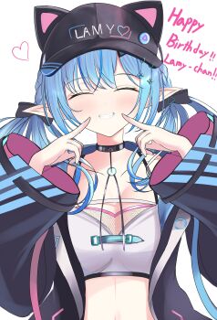 1girl absurdres asymmetrical_legwear black_choker black_hat black_jacket blue_hair blush braid breasts choker cleavage collarbone commentary_request double-parted_bangs elf facing_viewer fingers_to_cheeks hair_between_eyes happy_birthday hat highres hololive jacket large_breasts long_hair long_sleeves low_twintails navel official_alternate_costume open_clothes open_jacket parted_lips pointy_ears side_braids smile solo stomach twintails very_long_hair virtual_youtuber waniwani_(wasabiwaniwani) wide_sleeves yellow_eyes yukihana_lamy yukihana_lamy_(cyber)