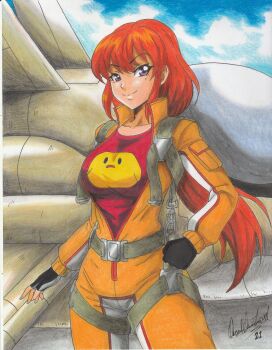 1girl 2021 absurdres artist_name ashley_(metal_slug) backpack bag black_gloves bodysuit breasts clenched_hand cowboy_shot dated day female_focus fingerless_gloves gloves highres large_breasts long_hair metal_slug metal_slug_attack mole mole_under_eye open_bodysuit open_clothes orange_bodysuit orange_hair outdoors plane ponytail print_shirt purple_eyes ravernclouk_design red_shirt shirt sidelocks signature smile solo standing t-shirt traditional_media very_long_hair