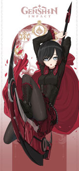 1girl absurdres ammunition_belt black_boots black_dress black_hair black_pantyhose boots cape crescent_rose dress falling_petals frilled_skirt frills genshin_impact gnas gradient_hair grey_eyes highres holding holding_scythe holding_weapon leg_up looking_at_viewer miniskirt multicolored_hair open_mouth pantyhose petals red_cape red_hair rose_petals ruby_rose rwby scythe short_hair skirt weapon