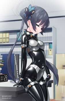 1girl absurdres black_hair blue_archive bodysuit box butterfly_hair_ornament cardboard_box chain chastity_belt chastity_bra clock commentary_request covered_navel cowboy_shot day desk digital_clock eyes_visible_through_hair grey_eyes hair_bun hair_ornament highres indoors kisaki_(blue_archive) latex latex_bodysuit lock looking_at_viewer maguro27 metal_arm_cuffs metal_wrist_cuffs padlock shelf solo thigh_cuffs twitter_username