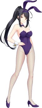 1girl animal_ears artwhirl_mahou_gakuen_no_otome-tachi black_hair bow bowtie breasts brown_eyes cleavage closed_mouth collarbone covered_navel detached_collar fake_animal_ears fishnets full_body hairband hand_on_own_hip high_heels high_ponytail highres len_(artwhirl) leotard long_hair looking_at_viewer medium_breasts playboy_bunny ponytail pump purple_bow purple_bowtie purple_footwear purple_hairband purple_leotard rabbit_ears smile solo standing strapless strapless_leotard swept_bangs tachi-e transparent_background very_long_hair wrist_cuffs zinno