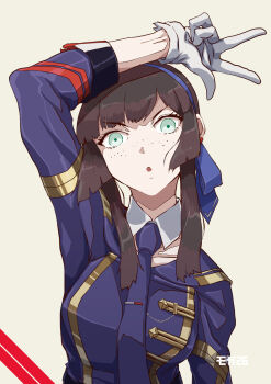 1girl arm_on_own_head artist_logo black_hair blue_hairband blue_jacket blue_necktie blunt_sidelocks boushi-ya commentary detached_collar freckles gloves green_eyes grey_background hairband highres jacket kantai_collection logo long_hair looking_at_viewer military_jacket military_uniform mogador_(kancolle) mogador_kai_(kancolle) necktie sidelocks simple_background solo upper_body v white_gloves