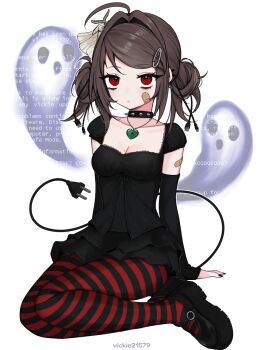 1girl ahoge animal animal_on_head artist_name bags_under_eyes bandaid bandaid_on_arm bandaid_on_cheek bandaid_on_face black_arm_warmers black_pantyhose black_shirt black_shoes black_skirt blue_screen_of_death breasts brown_hair bug cable cable_hair_ornament cable_tail choker circuit_board cleavage closed_mouth commentary double_bun electric_plug electric_plug_tail full_body ghost hair_bun hair_intakes hair_ornament hairclip heart heart_necklace highres insect jewelry looking_at_viewer mechanical_tail miniskirt mole mole_under_eye moth necklace on_head original pantyhose red_eyes red_pantyhose safety_pin safety_pin_hair_ornament shirt shoes short_sleeves sitting skirt spiked_choker spikes striped_clothes striped_pantyhose tail usb usb_cable vickie_(cryingrobot) vickie_(cryingrobot)_(character) white_background