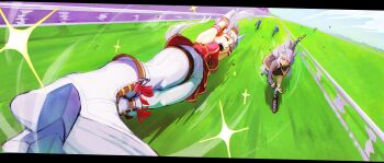 2girls animal_ears aqua_bow aqua_socks armband autux black_jacket black_skirt blunt_bangs boots bow bowtie breasts brown_hat closed_eyes coat dress drop_kick ear_bow ear_ribbon flying_kick frilled_coat frills gloves gold_ship_(red_strife)_(umamusume) gold_ship_(umamusume) grass green_bow green_socks grey_hair hat highres horse_ears horse_girl horse_racing_track horse_tail jacket kicking leggings long_hair long_sleeves medium_breasts mejiro_mcqueen_(frontline_elegance)_(umamusume) mejiro_mcqueen_(umamusume) multiple_girls open_mouth outdoors pantyhose pillbox_hat pleated_skirt purple_eyes purple_hair red_armband red_dress running shirt skirt sleeveless sleeveless_dress smile socks star_(symbol) striped_armband striped_clothes tail umamusume white_armband white_boots white_gloves white_leggings white_pantyhose