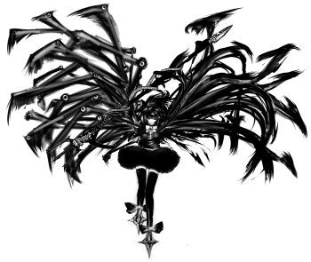 1girl bad_id bad_pixiv_id crazy_eyes evil_grin evil_smile female_focus greyscale grin highres houjuu_nue monochrome ofuro_mantarou polearm smile solo spear touhou transparent_background trident weapon
