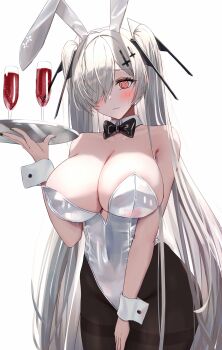 1girl @_@ absurdres alcohol alternate_costume animal_ears black_pantyhose bow bowtie breasts champagne cinderella_(nikke) cleavage cup detached_collar drinking_glass fake_animal_ears goddess_of_victory:_nikke gradient_clothes gradient_leotard hair_over_one_eye highres large_breasts leotard nail_polish pantyhose playboy_bunny rabbit_ears red_eyes simple_background solo strapless strapless_leotard traditional_bowtie tray umbsy_gi white_background white_hair wine_glass wrist_cuffs