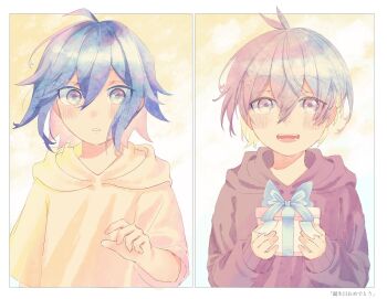 2boys :d aged_down ahoge aoyama_kazuki birthday blue_eyes blue_hair blush box commentary_request gift gift_box grey_eyes grey_hair grey_hoodie hair_between_eyes highres holding holding_gift hood hoodie male_focus multiple_boys omunai174 open_mouth otori_ojirou short_hair smile split_screen surprised tribe_nine upper_body yellow_hoodie