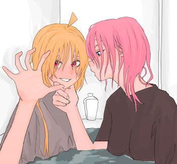 2girls ahoge black_shirt blonde_hair blue_eyes blush bocchi_the_rock! clothed_bath commentary_request gotoh_hitori grey_shirt grin hand_on_another&#039;s_face hand_up highres ijichi_nijika long_hair mentos_pepsi multiple_girls open_mouth pink_hair red_eyes same-sex_bathing shared_bathing shirt smile soap_bottle yuri