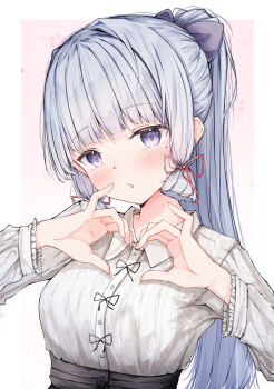 1girl alternate_costume ayaka_(genshin_impact) black_bow blunt_bangs blush border bow cherry_blossoms collared_shirt frilled_sleeves frills genshin_impact gradient_background grey_hair grey_shirt hair_bow hair_ribbon heart heart_hands highres kei_(limitedgirl) long_hair mole mole_under_eye outside_border parted_lips pink_background ponytail purple_eyes red_ribbon ribbon shirt solo upper_body white_border