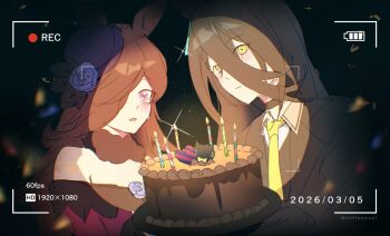 Rule 34 | 2girls, animal ears, birthday, birthday cake, birthday connection, black hair, black jacket, blush, cake, candle, closed mouth, coffeeseal, collared shirt, commentary request, dated, dress, flipped hair, food, hair between eyes, hair over one eye, happy tears, hat, highres, horse ears, horse girl, jacket, long hair, long hair between eyes, manhattan cafe (creeping shadow) (umamusume), manhattan cafe (umamusume), multiple girls, necktie, one eye covered, parted lips, purple dress, purple eyes, purple hat, recording, rice shower (rosy dreams) (umamusume), rice shower (umamusume), shirt, sketch, tears, umamusume, upper body, viewfinder, yellow eyes, yellow necktie