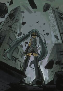 1girl :| aqua_eyes aqua_hair aqua_nails aqua_necktie bar_censor bare_shoulders blue_eyes blue_hair building censored censored_identity city closed_mouth commentary_request debris detached_sleeves dot_nose expressionless grey_shirt hair_ornament hatsune_miku highres korean_commentary long_hair necktie shirt skyscraper sleeveless standing t0ngue2 thighhighs twintails urban very_long_hair vocaloid