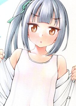 1girl blush brown_eyes collarbone furuta_tomohiro grey_hair hair_ribbon highres kantai_collection kasumi_(kancolle) long_hair looking_at_viewer one-piece_swimsuit open_mouth ribbon shirt side_ponytail solo swimsuit white_background white_one-piece_swimsuit white_shirt