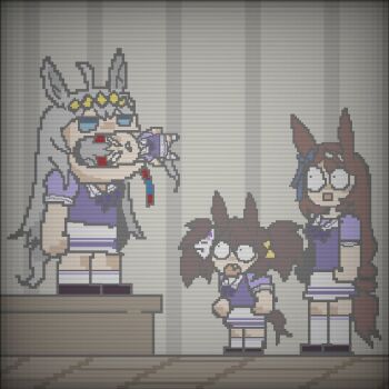 4girls ahoge animal_ears blue_eyes blue_hairband bow braid braided_ponytail brown_hair commentary ear_bow ear_ornament english_commentary fang five_nights_at_freddy's five_nights_at_freddy's_4 fox_mask grey_hair grey_tail hairband headband highres horse_ears horse_girl horse_tail inari_one_(umamusume) long_hair mask mask_on_head multicolored_hair multicolored_hairband multiple_girls oguri_cap_(umamusume) oligogi_meoggosipda open_mouth red_headband scene_reference school_uniform streaked_hair striped_clothes striped_hairband super_creek_(umamusume) tail tamamo_cross_(umamusume) tracen_school_uniform twintails two-tone_hairband umamusume