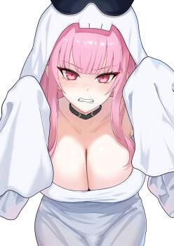 1girl black_choker blush breasts choker cleavage clenched_teeth collarbone commentary english_commentary fmg ghost_costume ghost_pose halloween_costume highres hololive hololive_english huge_breasts long_hair long_sleeves looking_at_viewer mori_calliope pink_eyes pink_hair simple_background sleeves_past_fingers sleeves_past_wrists solo teeth virtual_youtuber white_background white_hood