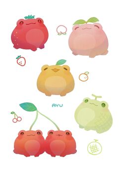 Rule 34 | :3, :d, animal focus, animalization, ayu (mog), cherry, closed eyes, closed mouth, commentary, commentary request, english commentary, food, frog, fruit, lemon, melon, mixed-language commentary, no humans, open mouth, original, peach, romaji commentary, simple background, smile, strawberry, white background