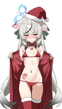 1girl absurdres alternate_costume armpit_crease bell bikini black_hair blue_archive blush bow breasts breasts_apart chinchilla_ears chinchilla_girl coat collar collarbone cowboy_shot fur-trimmed_thighhighs fur_trim gluteal_fold gradient_hair grey_hair hair_bow halo hat highres kaminari_(edeath) kokona_(blue_archive) loli long_hair looking_at_viewer multicolored_hair narrowed_eyes navel neck_bell off_shoulder open_clothes open_coat orange_eyes red_bikini red_coat red_collar red_thighhighs ribs santa_bikini santa_costume santa_hat simple_background small_breasts solo standing stomach streaked_hair sweat swimsuit thigh_gap thighhighs very_long_hair white_background