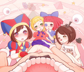 absurdres age_difference blonde_hair blue_bow blue_eyes blush blush_stickers bow brown_eyes brown_hair button_eyes buttons elizabeth_(the_candy_universe) eyeball gloves green_eyes hair_bow hand_on_another&#039;s_shoulder hat head_tilt hetero highres holding holding_wand jessica_(the_candy_universe) jester_cap loli loli_harem monchichiwa multicolored_eyes nose_blush penis pink_hair pomni_(the_amazing_digital_circus) pov pov_crotch pov_hands puffy_short_sleeves puffy_sleeves purple_skirt ragatha_(the_amazing_digital_circus) red_eyes red_gloves sex short_hair short_sleeves skirt squatting star_(symbol) the_amazing_digital_circus the_candy_universe thighs torso_grab uncensored vaginal wand white_gloves yellow_eyes