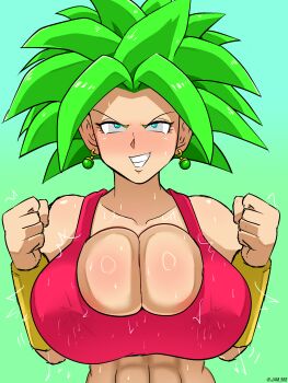 1girl 3girls absurdres breasts caulifla dragon_ball dragon_ball_super earrings f female_focus green_hair highres jewelry kale_(dragon_ball) kefla_(dragon_ball) large_breasts multiple_girls muscular muscular_female potara potara_earrings potara_fusion smile solo