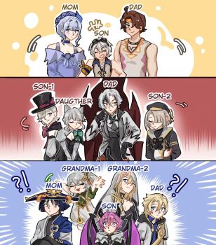 !? 6+boys 6+girls :/ ahoge albedo_(genshin_impact) alice_(genshin_impact) animal_ears arlecchino_(genshin_impact) arms_at_sides arms_up aroni_(genshin_impact) bennett_(genshin_impact) black_hair black_hands black_pants blonde_hair bowing brown_hair butler_bowing cat_ears choker closed_eyes closed_mouth coat colored_extremities crossed_arms crossed_legs dragon_horns dragon_wings dress english_text expressionless family freminet_(genshin_impact) genshin_impact goggles goggles_on_head grey_hair grin hair_between_eyes hair_ornament hair_over_one_eye hat headband height_difference highres horns jacket kivartx large_hat leotard long_sleeves looking_at_viewer lynette_(genshin_impact) lyney_(genshin_impact) macani_(genshin_impact) mini_durin_(genshin_impact) mini_durin_(human)_(genshin_impact) multicolored_hair multiple_boys multiple_girls nahida_(genshin_impact) outstretched_arms pants rhinedottir_(genshin_impact) scaramouche_(genshin_impact) shirt short_hair side_ponytail sleeveless sleeveless_shirt smile top_hat two-tone_hair v_arms veil wanderer_(genshin_impact) wings