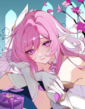 1girl bare_shoulders box chinese_commentary commentary_request corset diamond-shaped_pupils diamond_(shape) elysia_(herrscher_of_human:_ego)_(honkai_impact) elysia_(honkai_impact) flower gift gift_box gloves highres honkai_(series) honkai_impact_3rd long_hair looking_at_viewer multicolored_hair pink_flower pink_hair purple_eyes smile solo symbol-shaped_pupils tengjie51867 triquetra two-tone_hair veil very_long_hair white_corset white_gloves white_hair white_veil