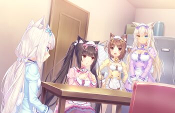 Rule 34 | 4girls, animal ear fluff, animal ear legwear, animal ears, apron, azuki (nekopara), bell, blonde hair, blue bow, blue dress, blue eyes, bow, breasts, brown eyes, brown hair, buttons, cat ear legwear, cat ear thighhighs, cat ears, cat girl, cat thighhighs, chair, chocola (nekopara), coconut (nekopara), collar, door, dress, game cg, hair bow, heart button, heterochromia, highres, indoors, large breasts, long hair, low twintails, maid, maid apron, maid headdress, multiple girls, name tag, neck bell, nekopara, orange eyes, own fingers together, pink bow, pink dress, pink socks, purple bow, purple dress, sayori (neko works), siblings, sisters, slit pupils, small breasts, socks, table, thighhighs, twins, twintails, two side up, vanilla (nekopara), very long hair, white bow, yellow bow, yellow dress, yellow eyes