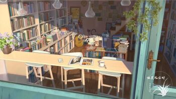 3d book book_stack bookshelf bookstore ceiling_light cellphone clock commentary_request counter cup door flower from_outside guitar hanging_light highres instrument jpeg_artifacts logo low_quality no_humans original outdoors phone photo_(object) picture_frame plant plate potted_plant scenery shop smartphone spoon stairs stool tea teacup watermark window xingzhi_lv