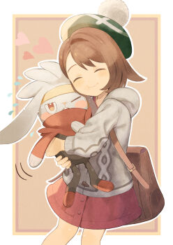 1girl backpack bag blush bob_cut brown_bag brown_hair buttons cable_knit cardigan closed_eyes closed_mouth commentary_request dress gen_8_pokemon gloria_(pokemon) green_headwear grey_cardigan hat highres holding holding_pokemon hood hood_down hooded_cardigan nintendo original-orange-610917 outline pokemon pokemon_(creature) pokemon_swsh raboot short_hair smile tam_o'_shanter