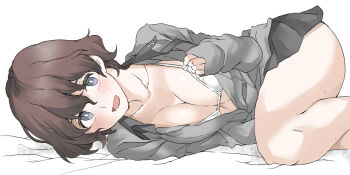 1girl akaboshi_koume bed_sheet bikini bikini_under_clothes black_skirt blue_eyes blush breasts bright_pupils brown_hair collar_tug commentary dress_shirt elf_(stroll_in_the_woods) girls_und_panzer grey_shirt knee_up kuromorimine_school_uniform large_breasts long_sleeves looking_at_viewer lying miniskirt on_bed on_side open_mouth partially_unbuttoned pleated_skirt school_uniform shirt short_hair skirt solo string_bikini sweatdrop swimsuit textless_version wavy_hair white_background white_bikini white_pupils