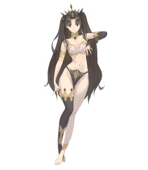 1girl arm_warmers armlet asymmetrical_legwear asymmetrical_sleeves bikini black_hair breasts cleavage closed_mouth commentary_request detached_sleeves earrings elbow_gloves fate/grand_order fate_(series) gloves hair_ribbon highres hoop_earrings ishtar_(fate) jewelry long_hair long_legs looking_at_viewer mismatched_bikini navel neck_ring parted_bangs red_eyes ribbon robotkiri simple_background single_arm_warmer single_detached_sleeve single_elbow_glove single_thighhigh smile solo swimsuit thighhighs tiara two_side_up uneven_legwear uneven_sleeves white_background