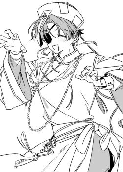 1boy :d ^_^ blush character_request chinese_clothes claw_pose closed_eyes copyright_request cowboy_shot earrings eyepatch feather_earrings feathers greyscale hat jewelry jiangshi_costume kimsiot male_focus monochrome ofuda open_mouth qingdai_guanmao simple_background smile solo white_background