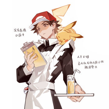 Rule 34 | 1boy, absurdres, apron, baseball cap, black shirt, brown eyes, brown hair, closed mouth, collared shirt, crossdressing, drink, expressionless, fiy1827565, frilled apron, frills, gen 1 pokemon, hat, highres, holding, holding notepad, holding plate, male focus, nintendo, notepad, on shoulder, open mouth, pikachu, plate, poke ball, pokemon, pokemon (creature), pokemon on shoulder, red (pokemon), red hat, shirt, short hair, simple background, smile, standing, upper body, white apron, white background, yellow tail