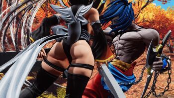 1boy 1girl 3d apron ass ass_focus black_leotard blue_sky breasts butterfly_swords curvy fighting forest highleg highleg_leotard highres holding holding_weapon huge_ass iroha_(samurai_spirits) large_breasts leotard maid maid_headdress nature samurai_spirits screencap shiny_skin sideboob skindentation sky solo thighhighs third-party_edit thong_leotard weapon wide_hips