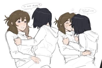 2girls black_hair blush braid brown_hair closed_eyes commentary english_text half_up_braid hashtag-only_commentary highres hood hoodie jewelry kiss long_hair long_sleeves medium_hair miyagi_shiori multiple_girls necklace open_mouth purple_eyes sendai_hazuki shirt shuuniichido_classmate_wo_kau_hanashi simple_background sitting sitting_on_lap sitting_on_person smile speech_bubble white_background yuri zyukiel