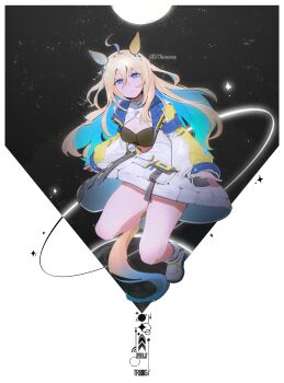 1girl absurdres ahoge animal_ears bare_legs blonde_hair blue_eyes breasts colored_inner_hair ear_covers full_body highres horse_ears horse_girl horse_tail jacket long_hair long_sleeves medium_breasts multicolored_hair neo_universe_(umamusume) neo_universe_(universe-naut)_(umamusume) shoes solo space tail tr1logy umamusume very_long_hair white_jacket white_shoes