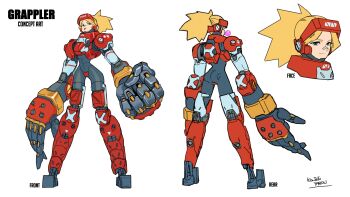 1girl :p abs absurdres armor artist_name bandage_on_nose black_bodysuit blonde_hair blowing_bubble_gum bodysuit chewing_gum clenched_hand commentary concept_art covered_abs crotch_plate cyberpunk cyborg english_commentary english_text from_behind full_body grappler green_eyes highres joints kneepits koutetu_yarou looking_at_viewer looking_back mechanical_arms mechanical_legs multiple_views open_hand original oversized_limbs ponytail portrait reference_sheet robot_joints science_fiction shoulder_armor simple_background smile solo spiked_hair straight-on tall_female tongue tongue_out white_background