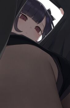 1girl black_hair black_panties closed_mouth commentary highres hiroki_(yyqw7151) lifting_own_clothes looking_down original panties red_eyes solo underwear upshirt