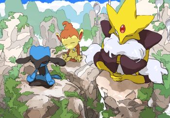 above_clouds alakazam animal_ears aomon_(yuuji7604) beard black_fur blue_fur chimchar cloud colored_skin facial_hair floating floating_object floating_rock floppy_ears forehead_jewel from_above gen_1_pokemon gen_4_pokemon highres long_beard looking_at_another lotus_position meditation mega_alakazam mega_pokemon monkey moss nintendo no_humans nose_bubble on_rock one_eye_closed orange_fur pebble pokemon pokemon_(creature) pokemon_focus riolu rock shoulder_pads sitting sleeping spoon telekinesis yellow_skin