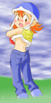 Rule 34 | 1girl, denim, digimon, digimon adventure, jeans, open mouth, orange hair, pants, short hair, takenouchi sora, undressing